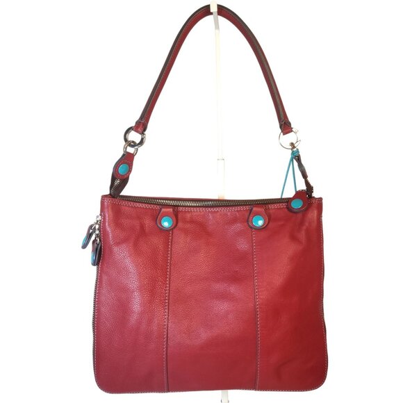 GABS Italian Red Leather Expandable Flat Shoulder Bag Turquoise Buttons - Picture 7 of 14